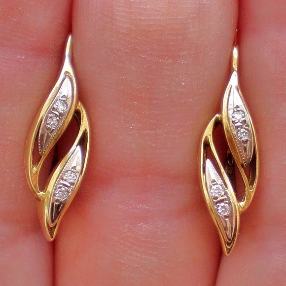 Vintage Original Soviet USSR Solid 18K 750 Yellow White Gold Diamond Earrings - Picture 2 of 7